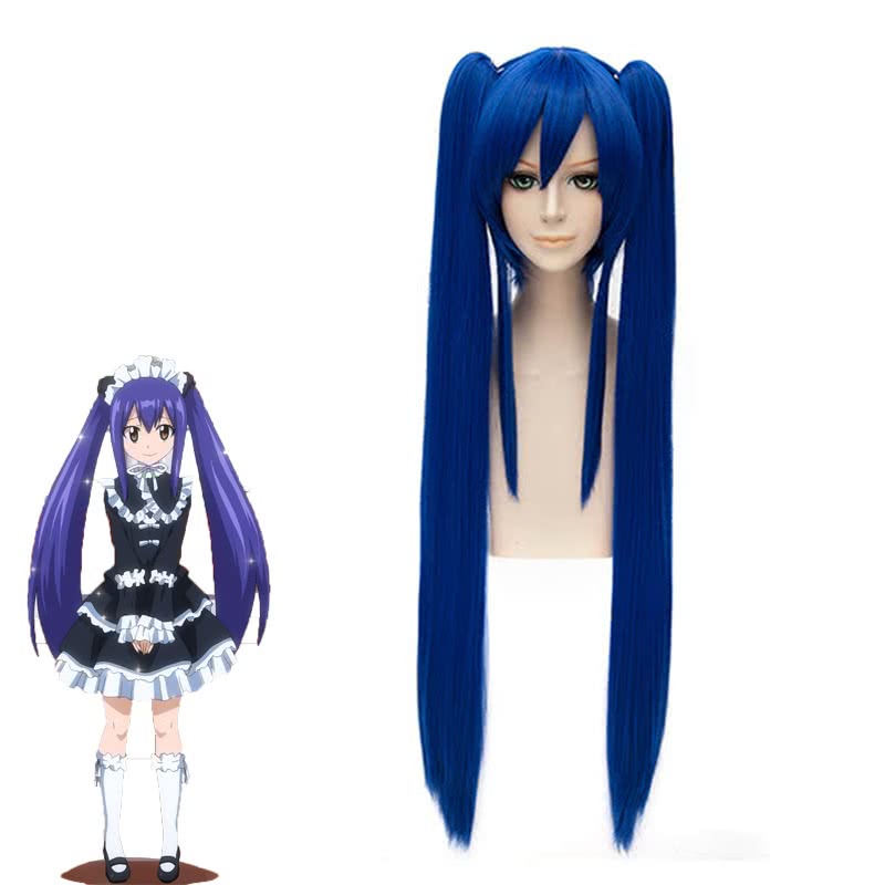 Fairy Tail Wendy Marvell Long Blue Bunches Straight Cosplay Wig - 100cm Heat Resistant Fiber