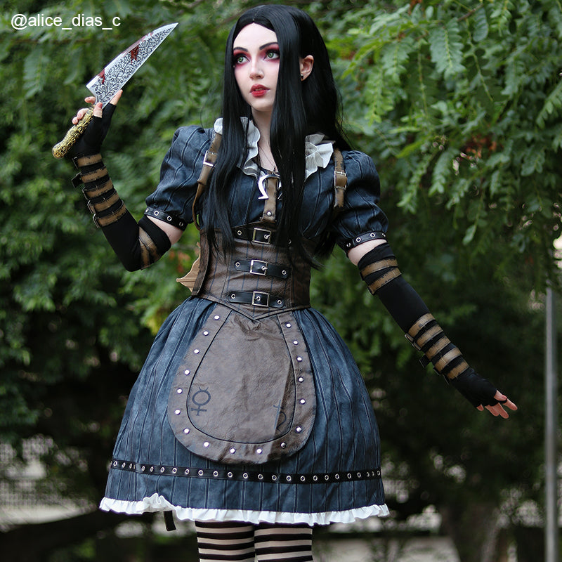 Alice: Madness Returns Alice Liddell Cosplay Costume - Gothic Halloween Outfit with Leather Straps