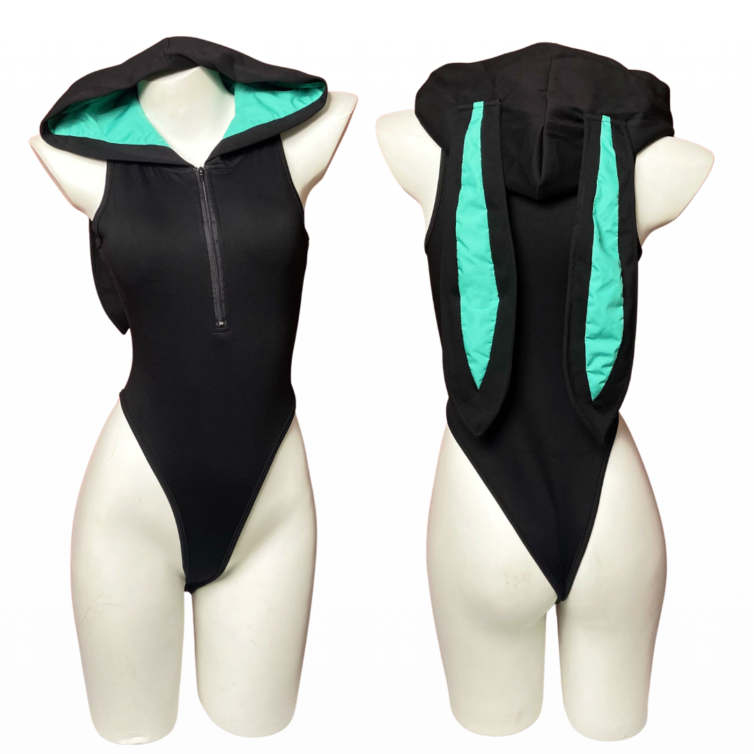 OROCOSPLAY Black & Mint Green Hooded Bunny Bodysuit - Cosplay