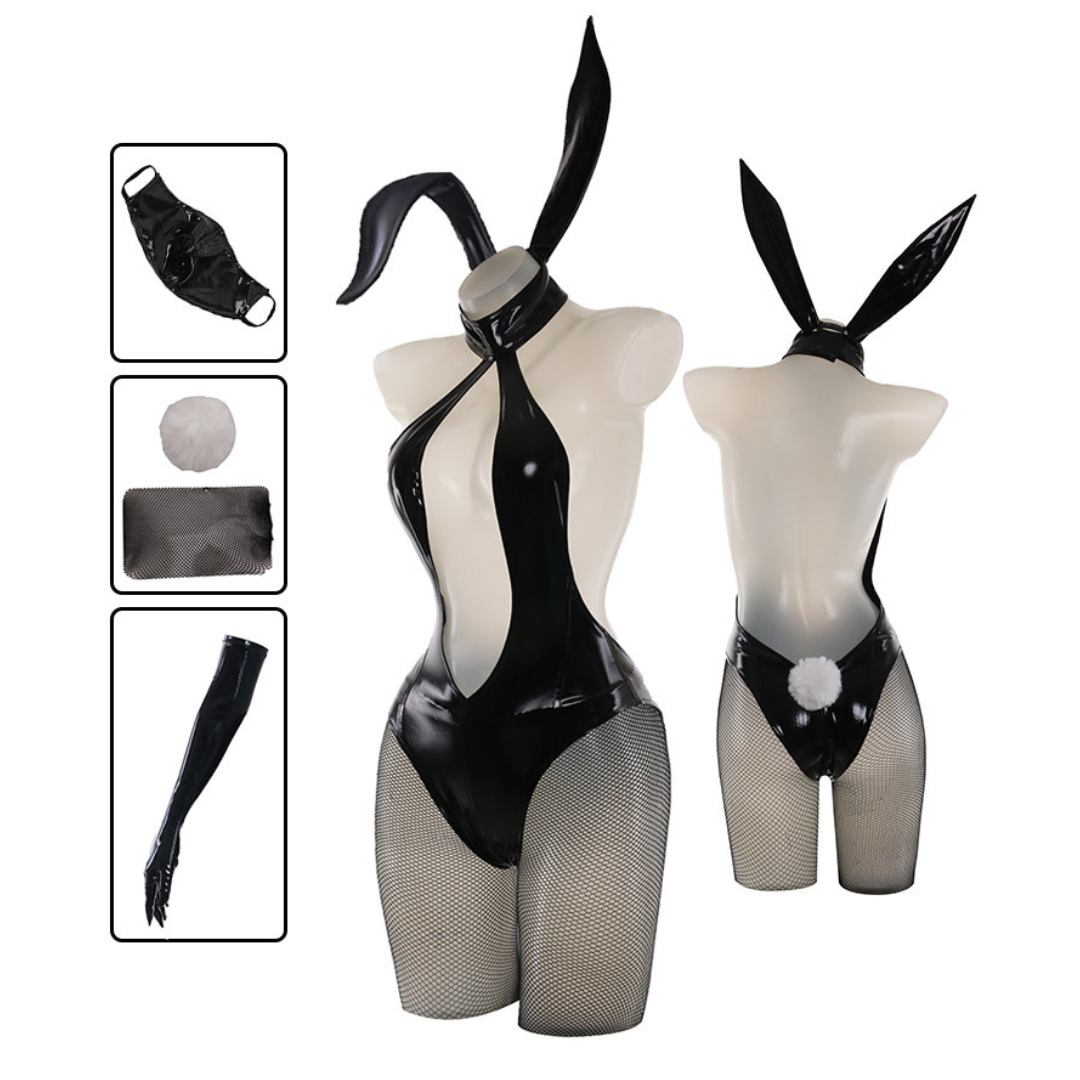 OROCOSPLAY Black Bunny Bodysuit Glossy Halter Cut-Out Sexy Cosplay
