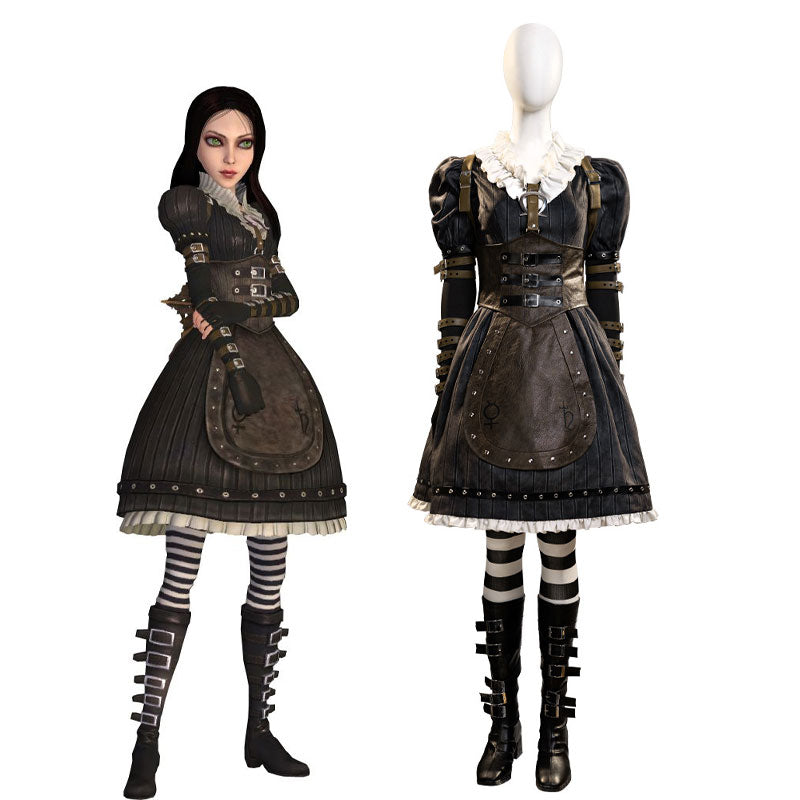 Alice: Madness Returns Alice Liddell Cosplay Costume - Gothic Halloween Outfit with Leather Straps