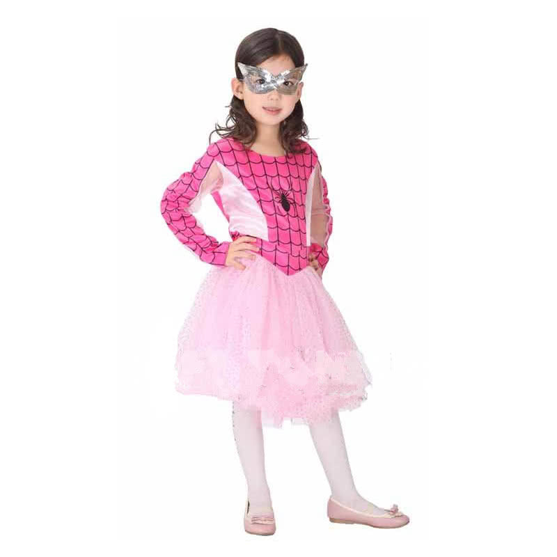Pink Spiderman Suit Children's Halloween Costume with Eye Mask - Long Sleeve Party Dress