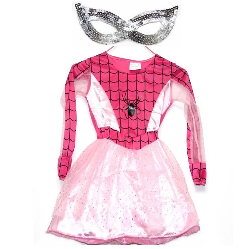 Pink Spiderman Suit Children's Halloween Costume with Eye Mask - Long Sleeve Party Dress