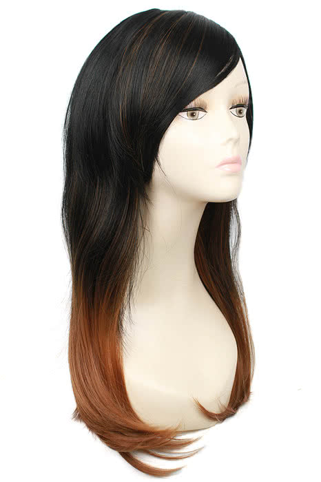 55cm Mixed Black and Brown Straight Fashion Wig - Heat Resistant Fiber Medium Length