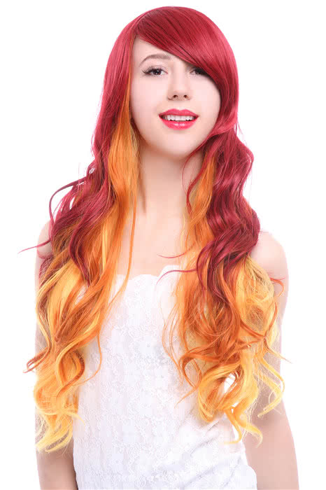 70cm Red Fade Golden Wave Long Fashion Cosplay Wig - Synthetic High Temp Fiber