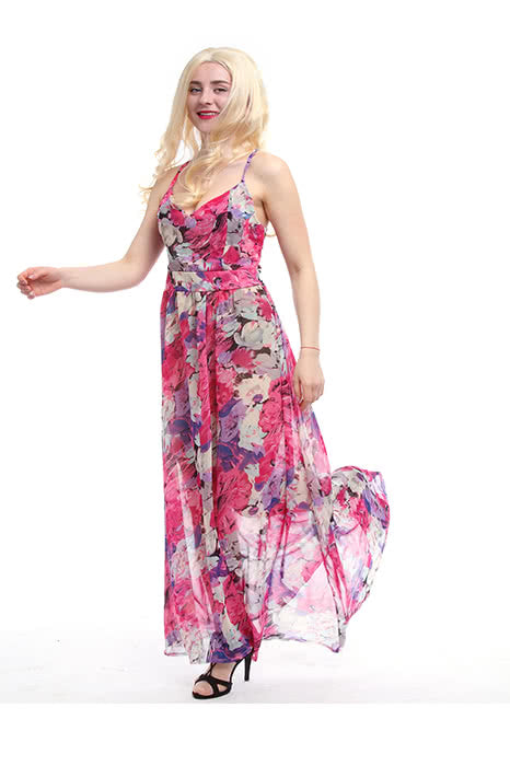Chiffon V-Neck Slim Dress - Adjustable Waist Long Beach Strap Women's Summer Dress