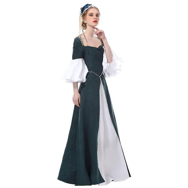 Women's Victorian Green Long Elegant Dress - Renaissance Medieval Chiffon Suede Costume