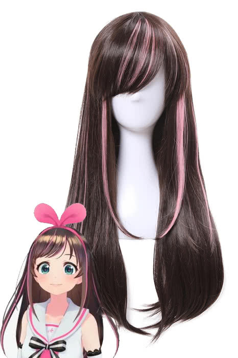 Kizuna AI Long Black and Pink Straight Cosplay Wig - 65cm Synthetic High Temp Fiber