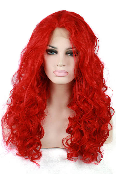 60cm Long Red Curly Wave Women Lace Front Wig - Heat Resistant Fiber Capless