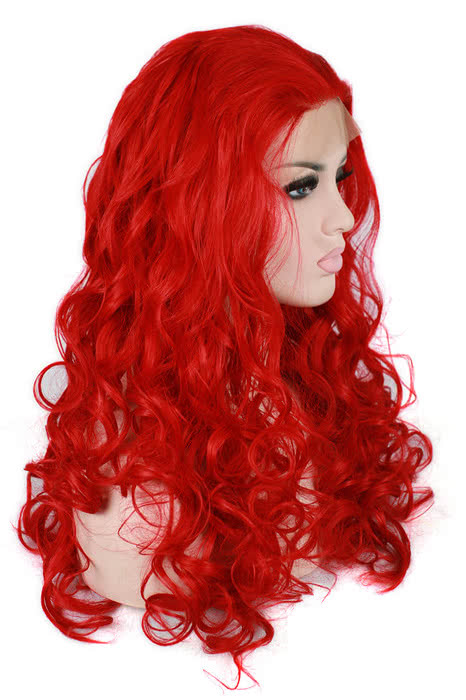 60cm Long Red Curly Wave Women Lace Front Wig - Heat Resistant Fiber Capless