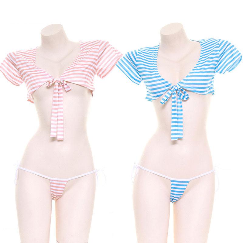 High Quality Apparel Low-Cut Striped Bikini Cosplay Costume - 2 Colors