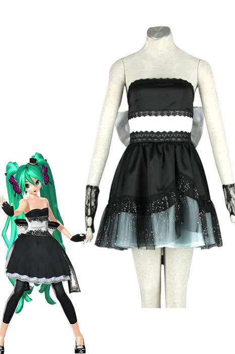 Hatsune Miku Black Dress Bowknot Gloves Set - Vocaloid Uniform Cloth Cosplay Costume