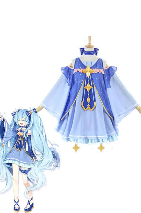 Hatsune Miku Star Snow Princess Chiffon Cosplay Set - Vocaloid Blue Dress Shorts Star Accessories Headwear Neck Decoration Customizable 7-15 Days