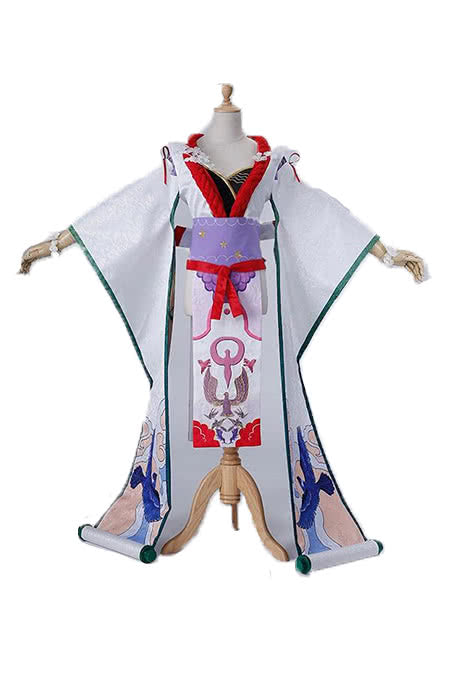 Flower And Bird Painting White Kimono Cosplay Outfit with Socks Headwear Bracelet - Onmyoji Game