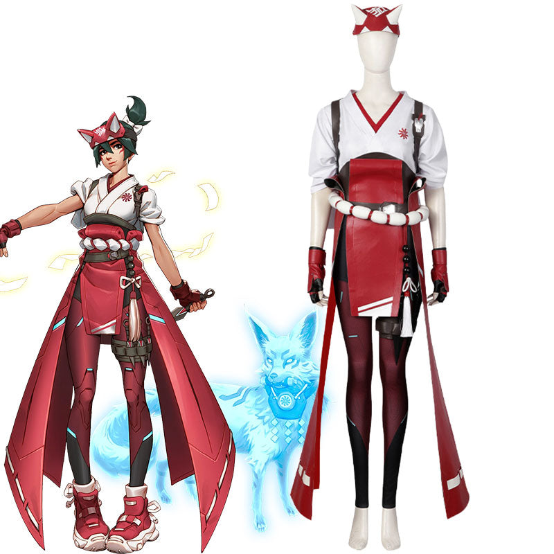 Overwatch Kiriko Complete Cosplay Costume Set with Top Pants Headdress Belt Gloves