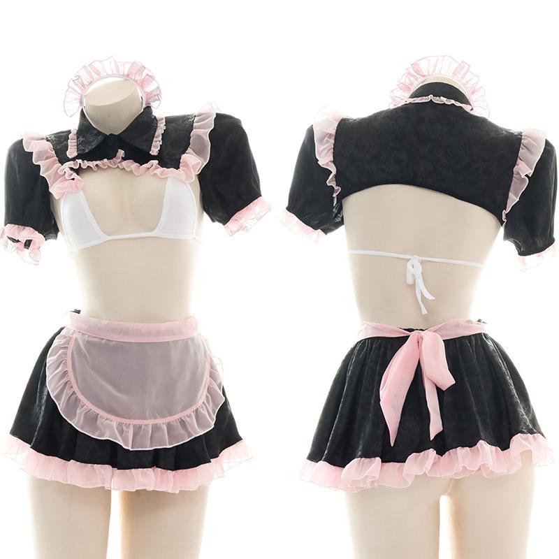 Pink and Black Chiffon Maid Sexy Pajama Cosplay Costume Set