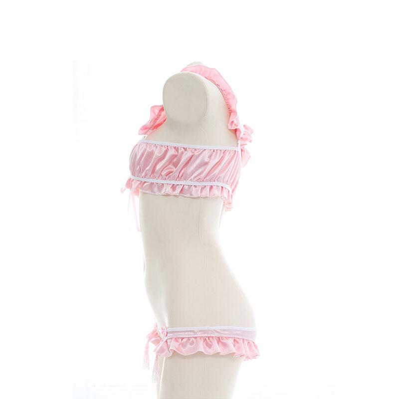 Pink Cheongsam Ruffled Satin Top and Panties Sexy Cosplay Set