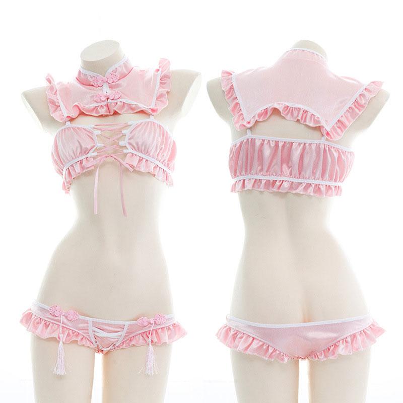Pink Cheongsam Ruffled Satin Top and Panties Sexy Cosplay Set