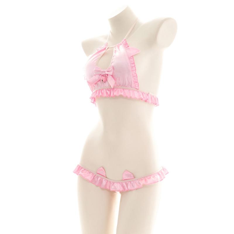 Pink Cute Bow Silk Lingerie Top and Panties Cosplay Set