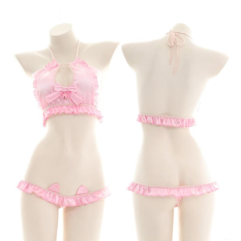 Pink Cute Bow Silk Lingerie Top and Panties Cosplay Set