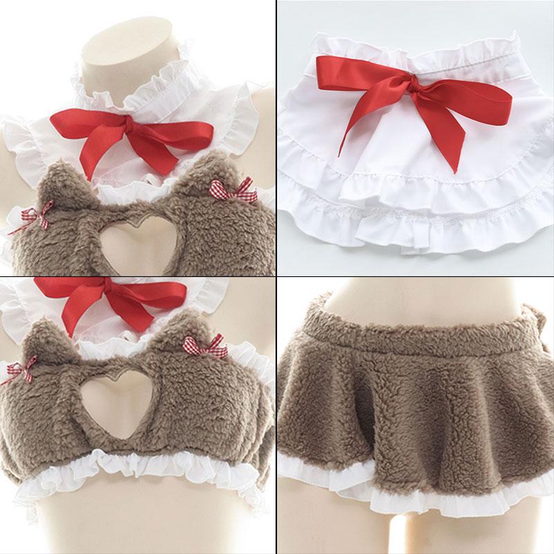 Plush Love Cutout Cute Cat Ears Dress Cosplay Costume with Collar