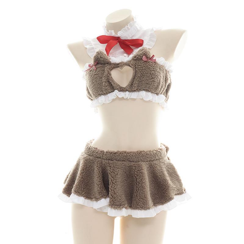 Plush Love Cutout Cute Cat Ears Dress Cosplay Costume with Collar