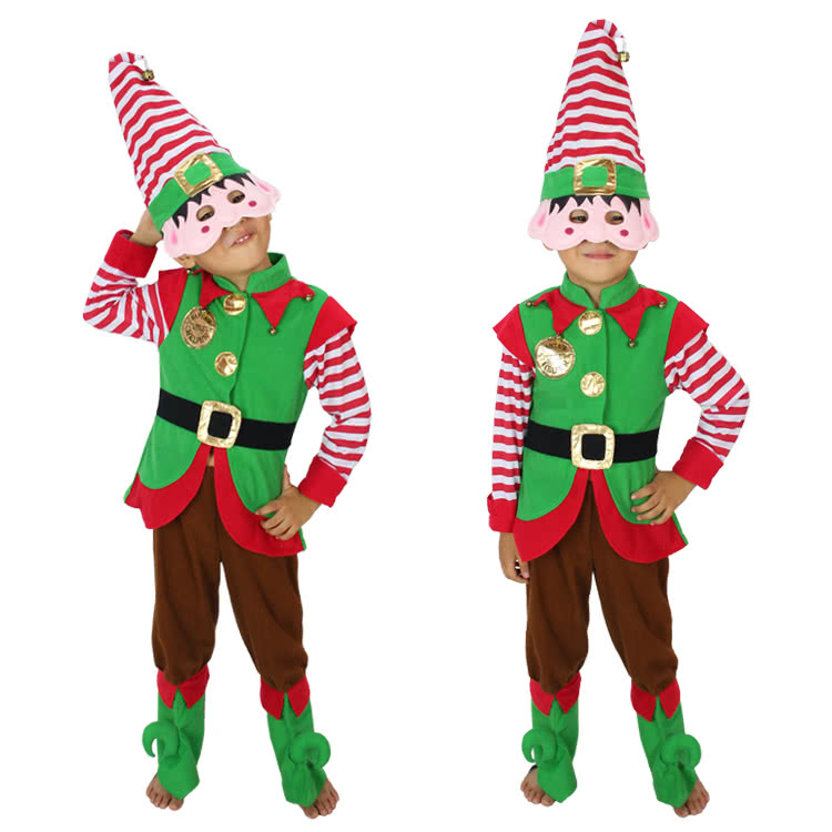 OROCOSPLAY Children Green Christmas Costume with Striped Hat Blinder - Christmas