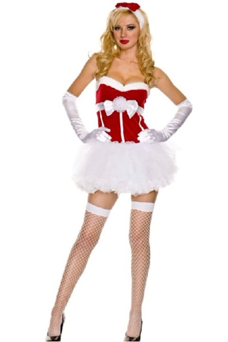 Cosplay Store Red Christmas Dress Set - Strapless Skirt & White Gloves