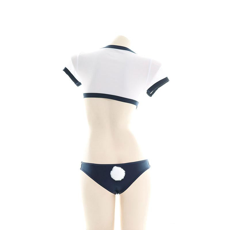 Vintage Skirt Love Hollow Top Panties - Uniform Underwear with Bunny Tail