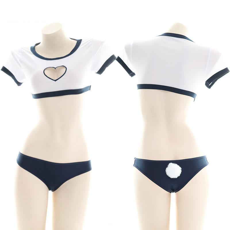 Vintage Skirt Love Hollow Top Panties - Uniform Underwear with Bunny Tail