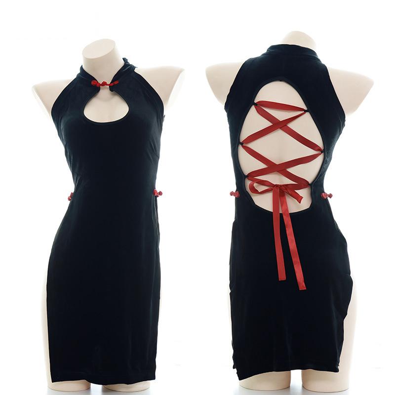 Vintage Skirt Velvet Cheongsam Slit Underwear - Sexy Cosplay Costume