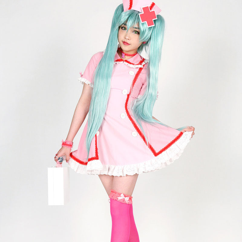 Hatsune Miku Nurse Pink Dress Cosplay Costume - Vocaloid Role Play Uniform Set with Stockings Headwear Accessory Sizes XS-3XL