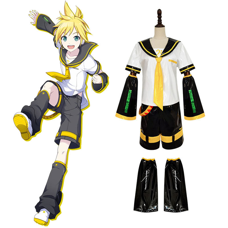 Kagamine Len Patent Leather Cosplay Set - Vocaloid Top Shorts Sleeves Accessories Tie Belt Leg Warmers Male Costume