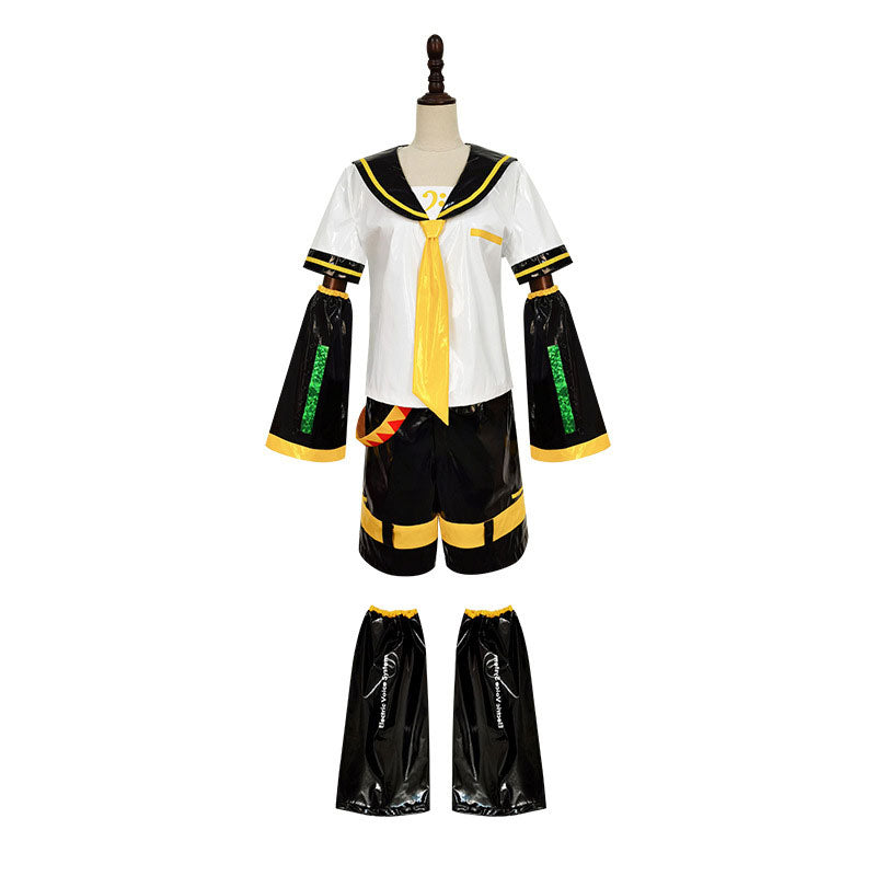 Kagamine Len Patent Leather Cosplay Set - Vocaloid Top Shorts Sleeves Accessories Tie Belt Leg Warmers Male Costume