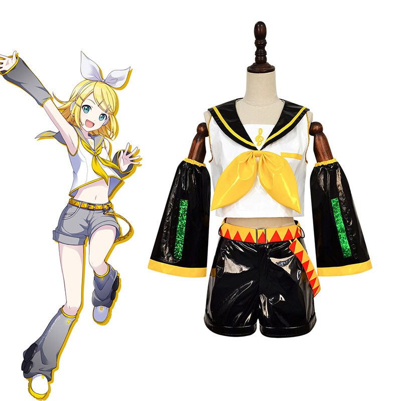 Kagamine Rin Patent Leather Cosplay Set - Vocaloid Top Shorts Sleeves Accessories Bow Tie Belt Leg Warmers Female Costume