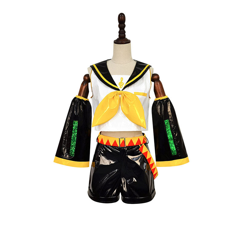 Kagamine Rin Patent Leather Cosplay Set - Vocaloid Top Shorts Sleeves Accessories Bow Tie Belt Leg Warmers Female Costume
