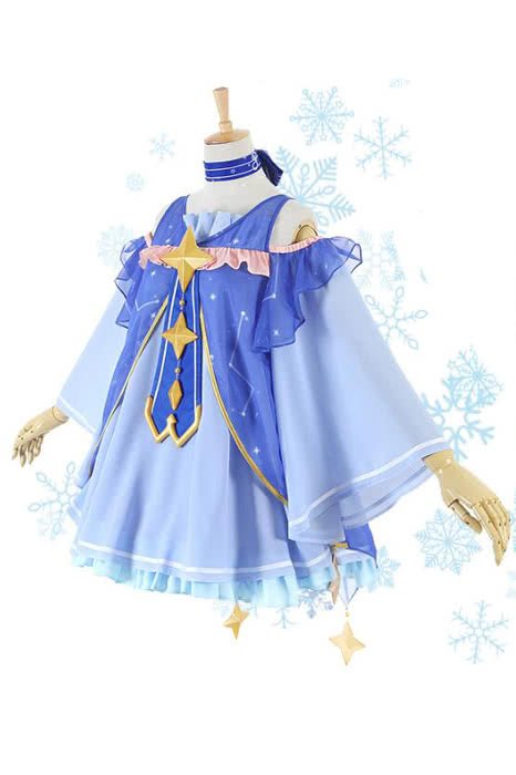 Hatsune Miku Star Snow Princess Chiffon Cosplay Set - Vocaloid Blue Dress Shorts Star Accessories Headwear Neck Decoration Customizable 7-15 Days