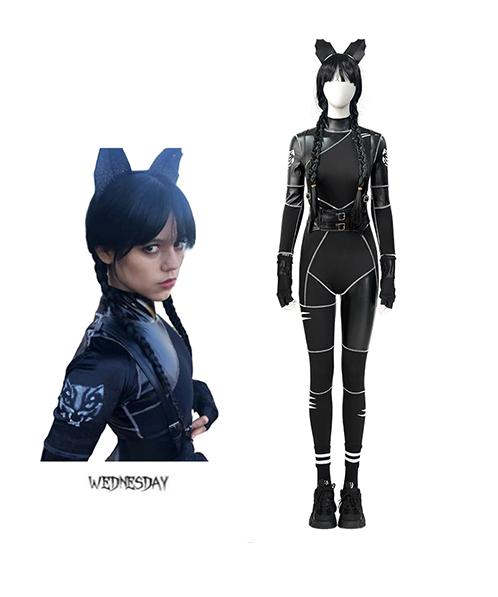 Wednesday Addams Black Cat Onesie - Halloween Carnival Cosplay Costume with Headdress Gloves