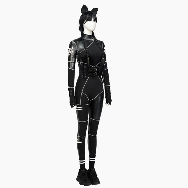 Wednesday Addams Black Cat Onesie - Halloween Carnival Cosplay Costume with Headdress Gloves