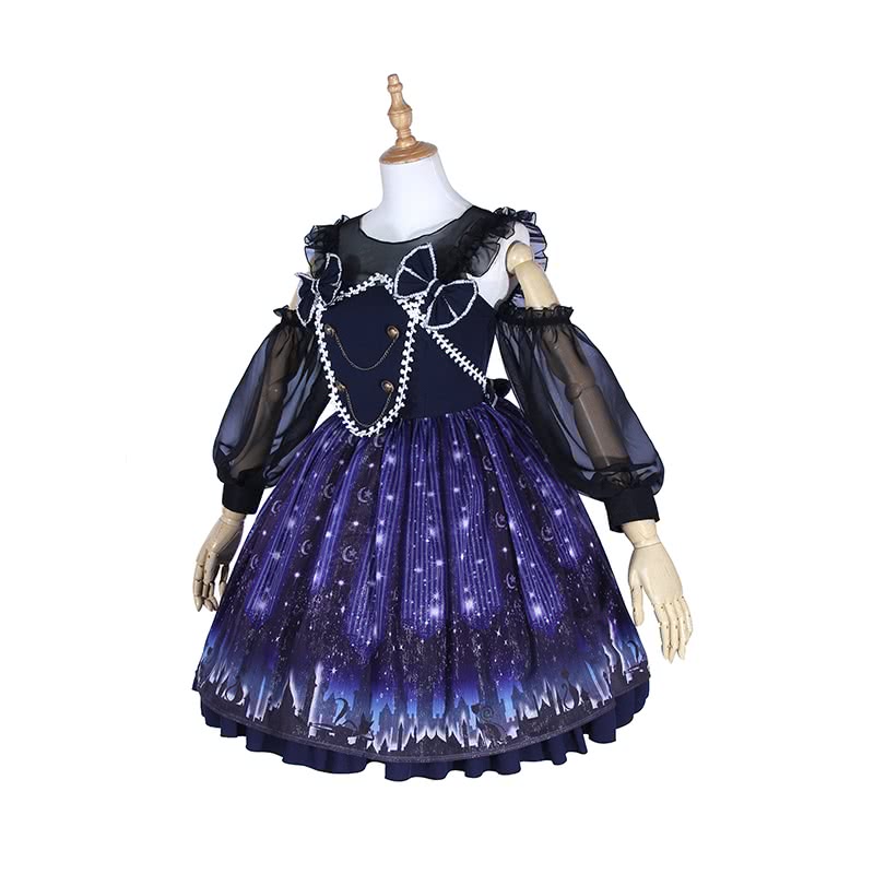 Women's Lolita Starry Chiffon Print Dress - Luxury Bow Skirt Set