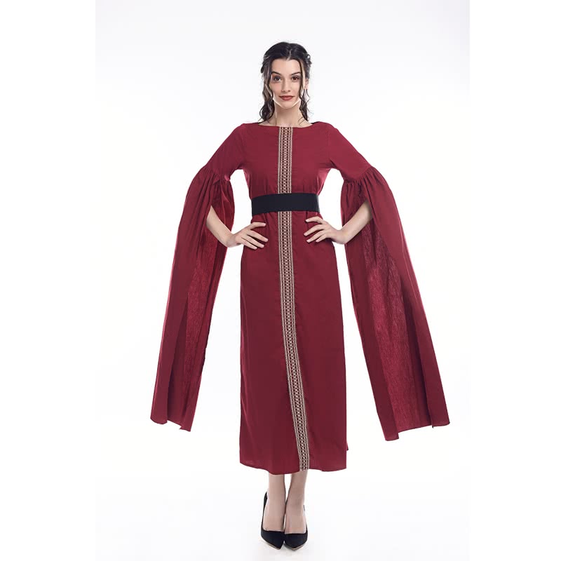 Women's Pure Cotton Red Retro Long Dress - Elegant Belted Costume