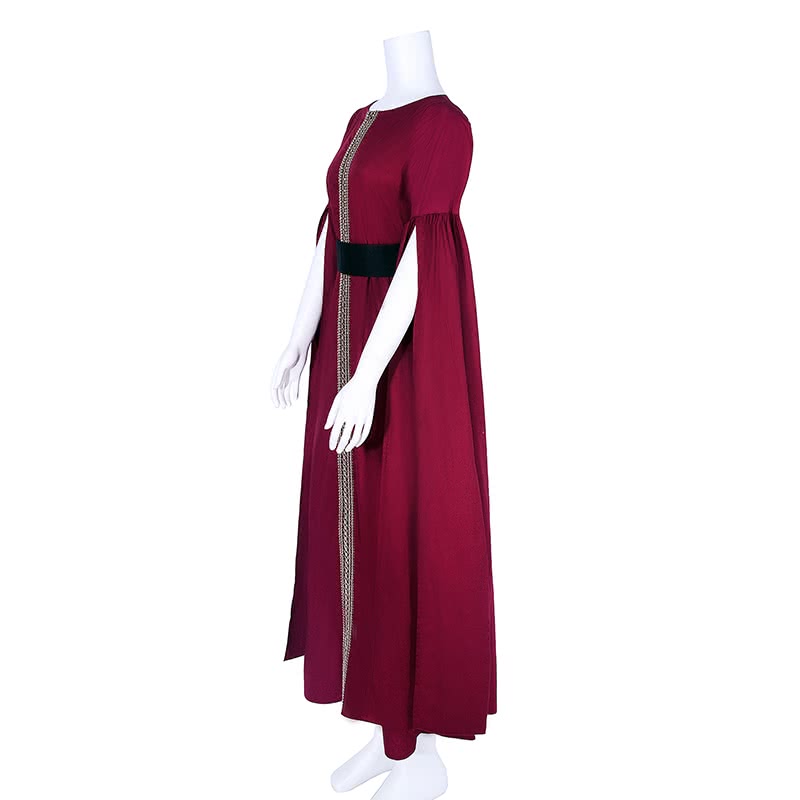Women's Pure Cotton Red Retro Long Dress - Elegant Belted Costume