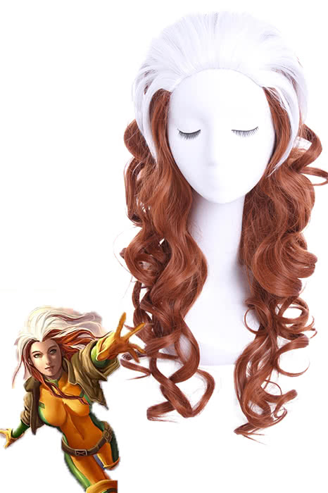 X-Men Rogue Long White Mixed Brown Curly Cosplay Wig - 60cm Synthetic High Temp Fiber