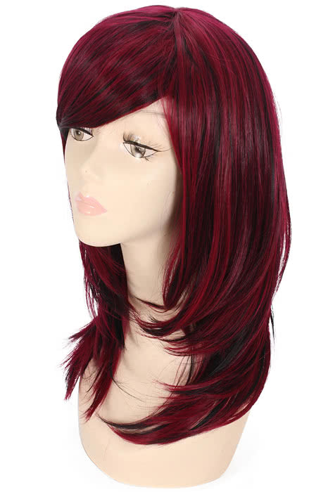 50cm Straight Mixed Wine Red and Black Cosplay Wig - Heat Resistant Fiber Capless
