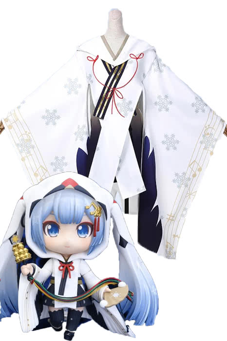 Hatsune Miku Snow 2018 White Kimono Cosplay Set - Vocaloid Uniform Cloth Costume with Double Horse Tails Headdress Gloves Pantyhose Sizes S-XXXL