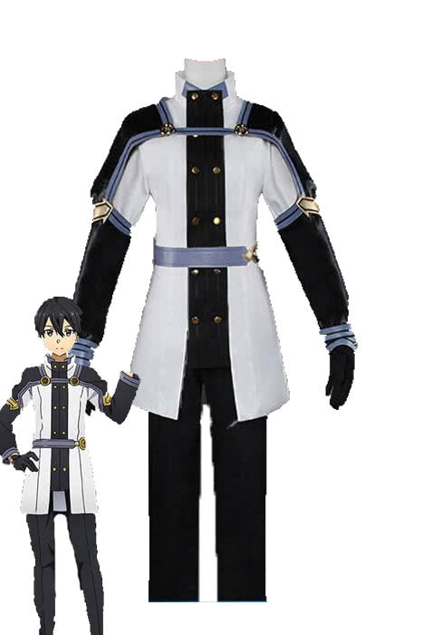 Sword Art Online Kirigaya Kazuto Black White Uniform Cosplay Costume - Pants Top Coat Gloves Belts
