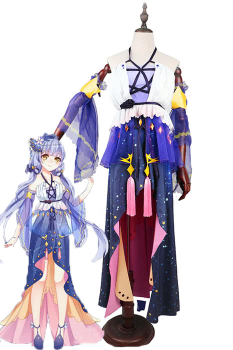 Stardust Purple Long Dress Cosplay Costume - Vocaloid Anime Outfit with Sleeves Headwear