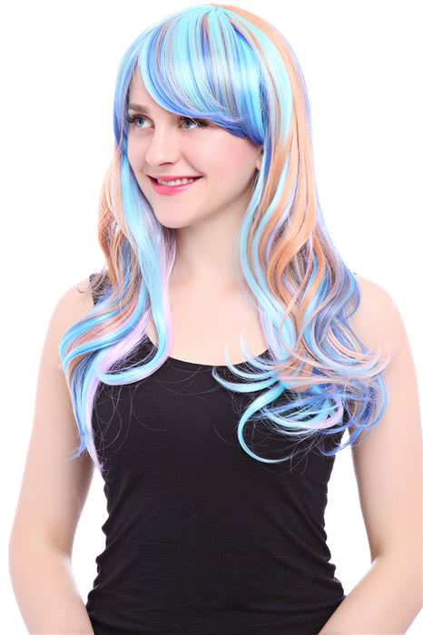 60cm Mixed Color Long Wavy Fashion Wig - Blue Purple Brown Heat Resistant Fiber