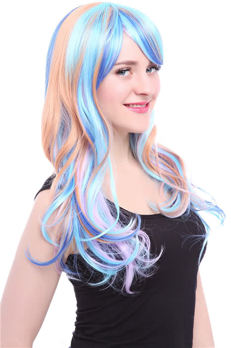 60cm Mixed Color Long Wavy Fashion Wig - Blue Purple Brown Heat Resistant Fiber