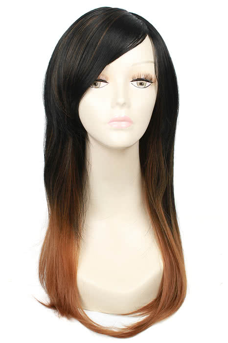 55cm Mixed Black and Brown Straight Fashion Wig - Heat Resistant Fiber Medium Length